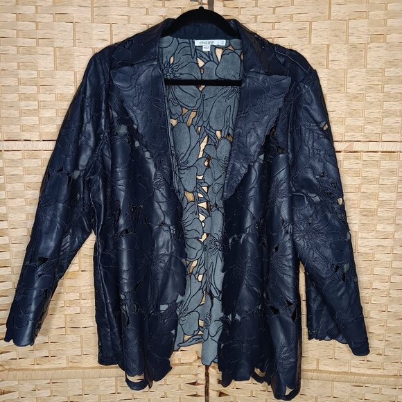 Chico's Faux Leather Laser Cut Floral Blazer Navy XL 16 - Picture 3 of 13